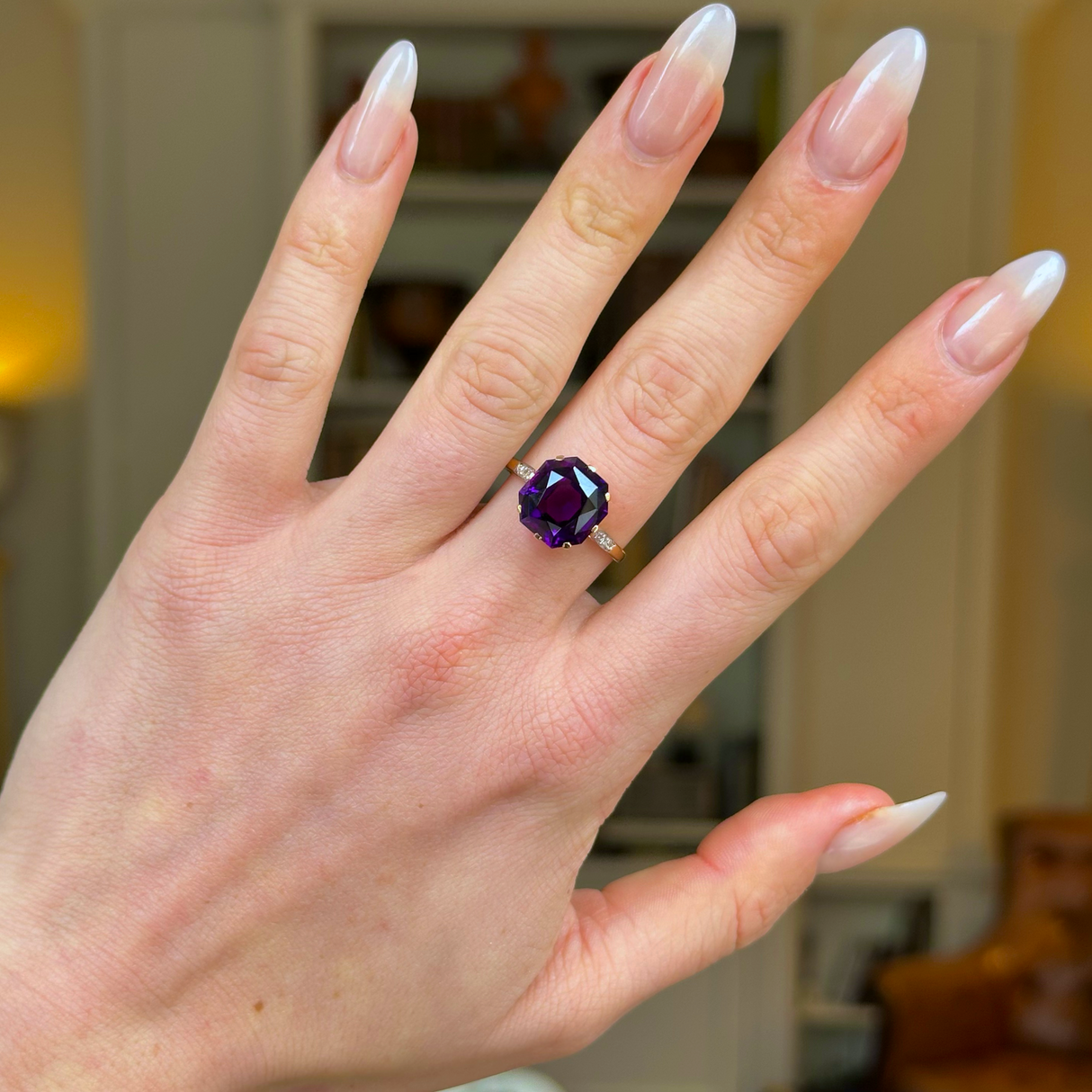 Antique, Edwardian Single stone Amethyst Ring, 18ct Yellow Gold and Platinum worn on hand.