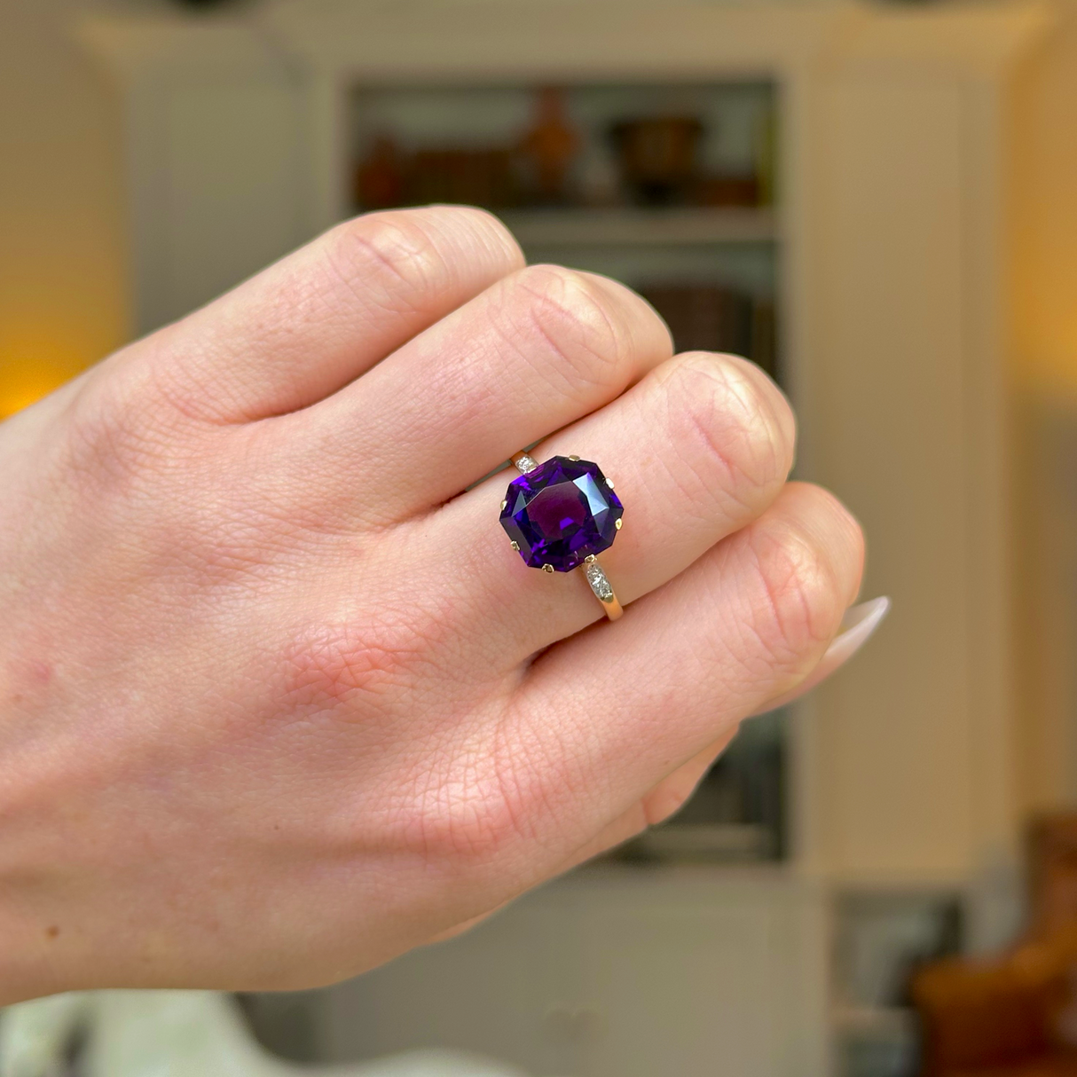 Antique, Edwardian Single stone Amethyst Ring, 18ct Yellow Gold and Platinum worn on closed hand.