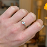 Antique, Edwardian Solitaire Diamond Engagement Ring, 18ct Yellow Gold and Platinum worn on closed hand. 