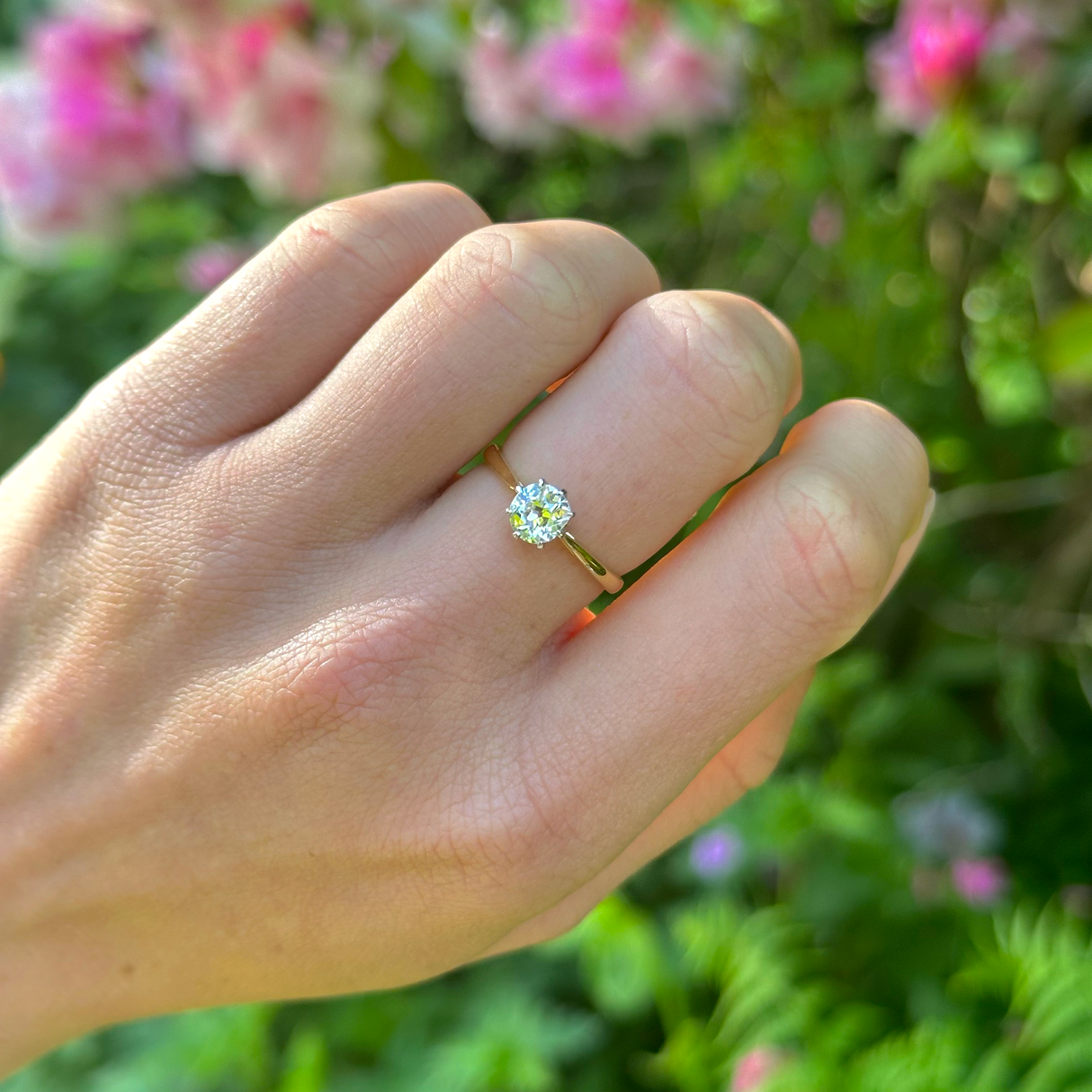 Antique, Edwardian Solitaire Diamond Engagement Ring, 18ct Yellow Gold and Platinum worn on hand.