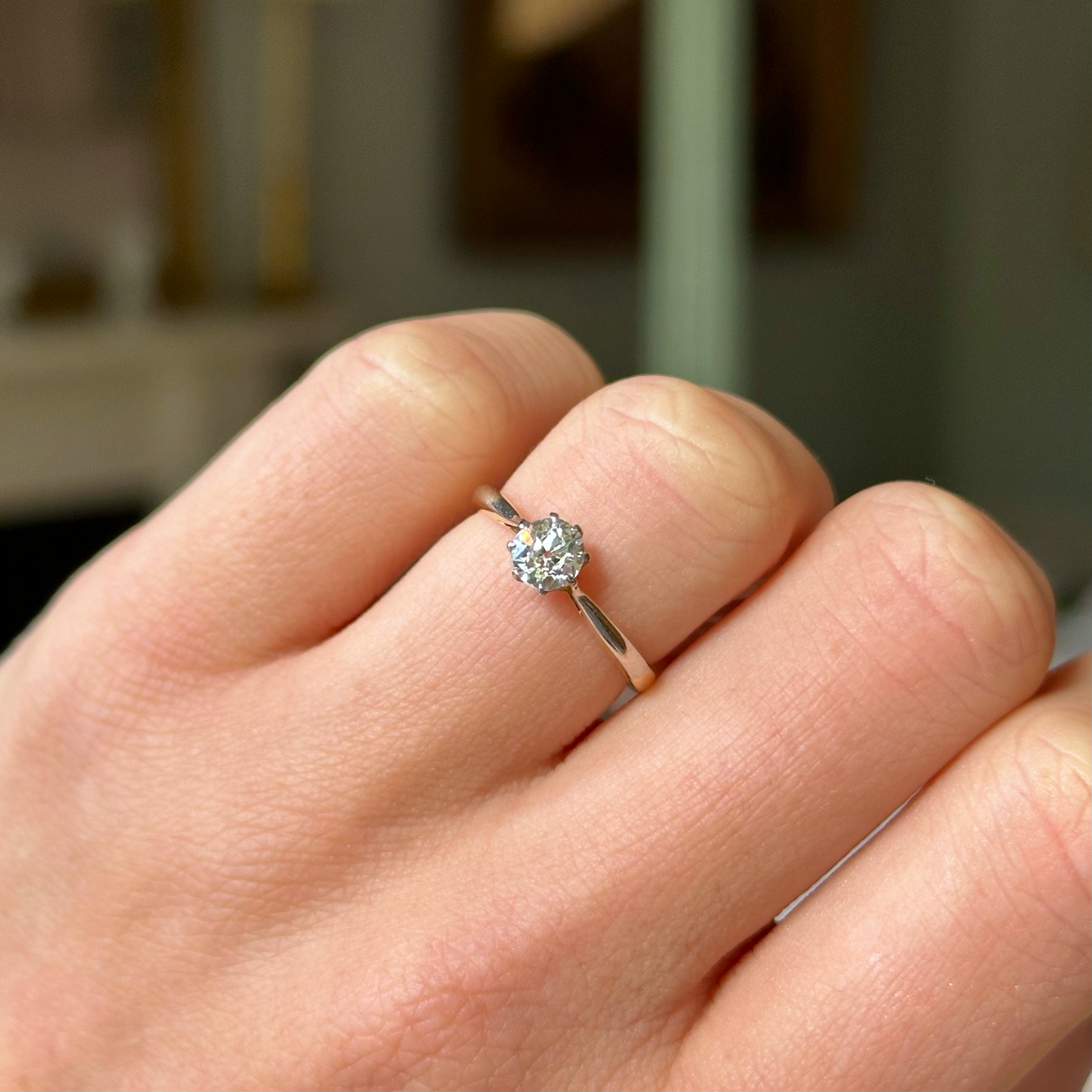 Vintage, 1930s Solitaire Diamond Engagement Ring, 18ct Yellow Gold and Platinum worn on hand.