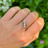 Antique, Edwardian Three Stone Diamond Engagement Ring, 18ct Yellow Gold & Platinum worn on hand.