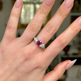 Antique, Edwardian Three Stone Ruby and Diamond Engagement Ring, worn on hand. 