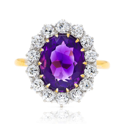 Antique, Edwardian, Amethyst and Diamond Cluster Ring, 18ct Yellow Gold