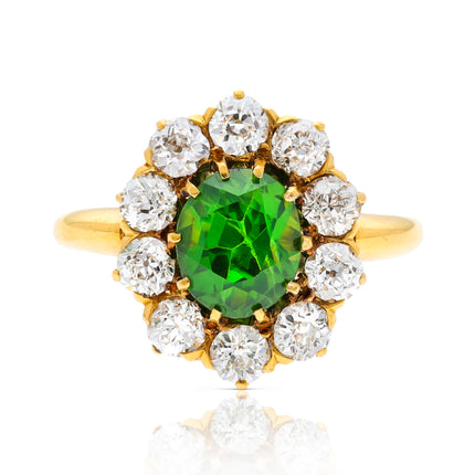 Antique, Edwardian, Demantoid Green Garnet and Diamond Cluster Ring, 18ct Yellow Gold