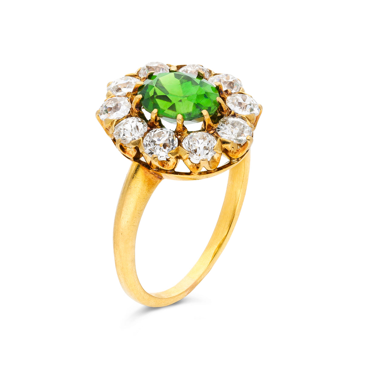 Antique, Edwardian, demantoid green garnet & diamond cluster ring