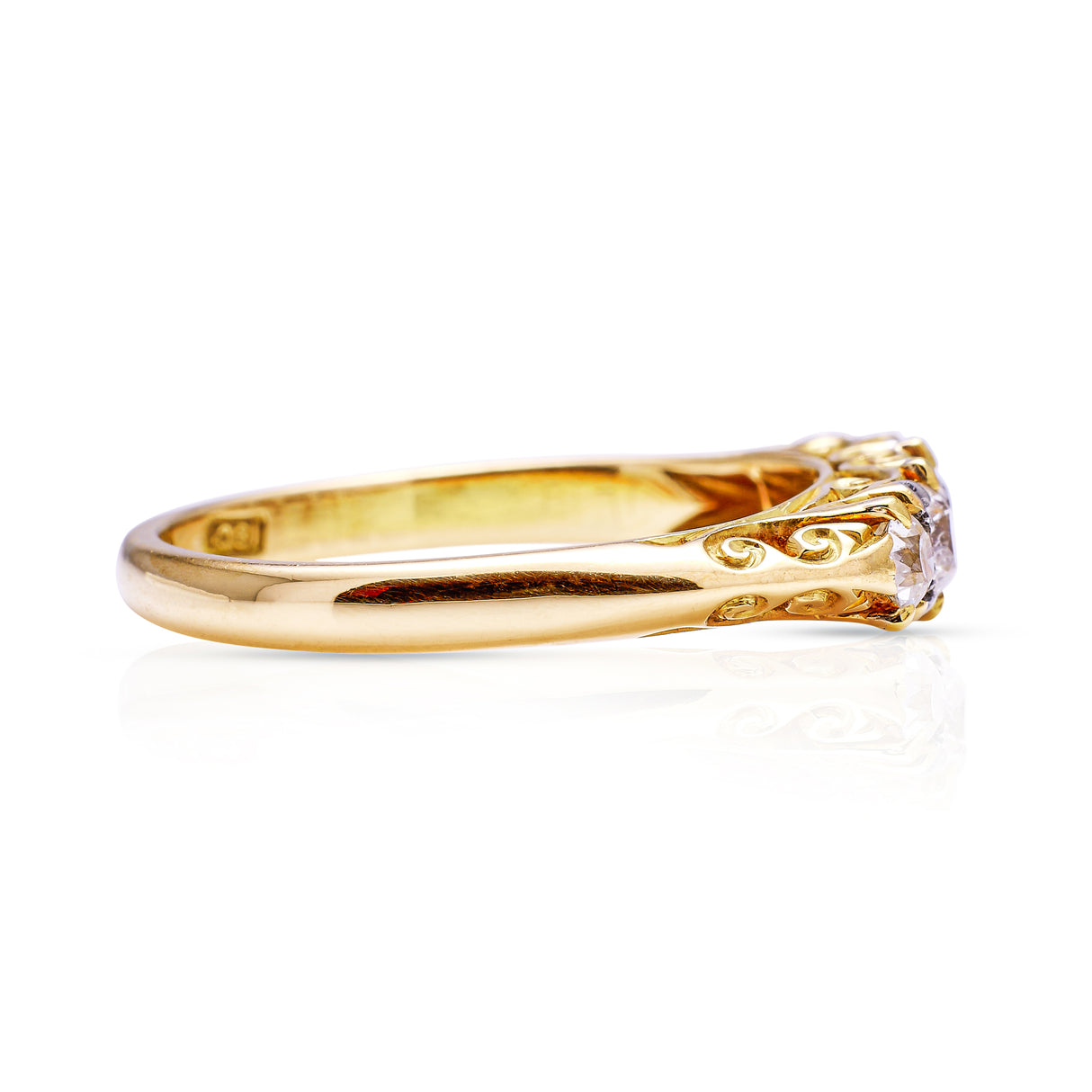 Edwardian diamond and 18ct yellow gold half hoop ring, side view. 