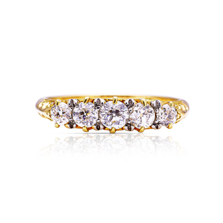 Edwardian diamond and 18ct yellow gold half hoop ring, front view. 