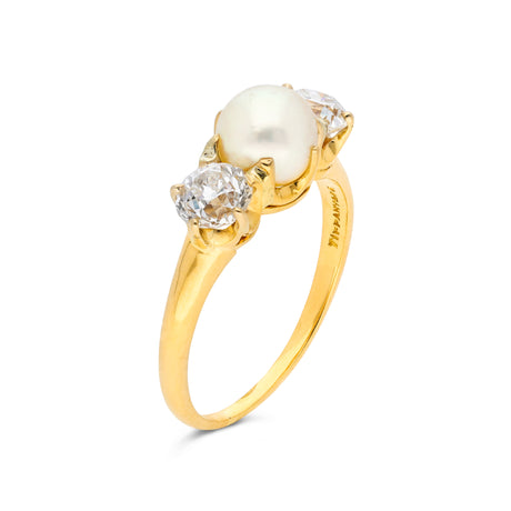 Antique, Edwardian, natural pearl & diamond three-stone ring by Tiffany & co.