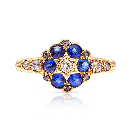 Antique, Edwardian Sapphire and Diamond Cluster Ring, 18ct Yellow Gold front view