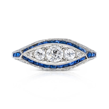 Antique Edwardian sapphire and diamond ring, front view. 