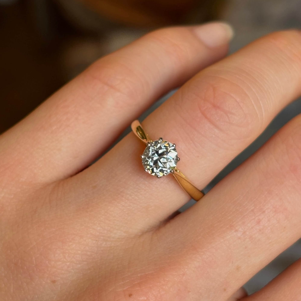Antique, Edwardian 1ct old European-cut diamond solitaire engagement ring on hand