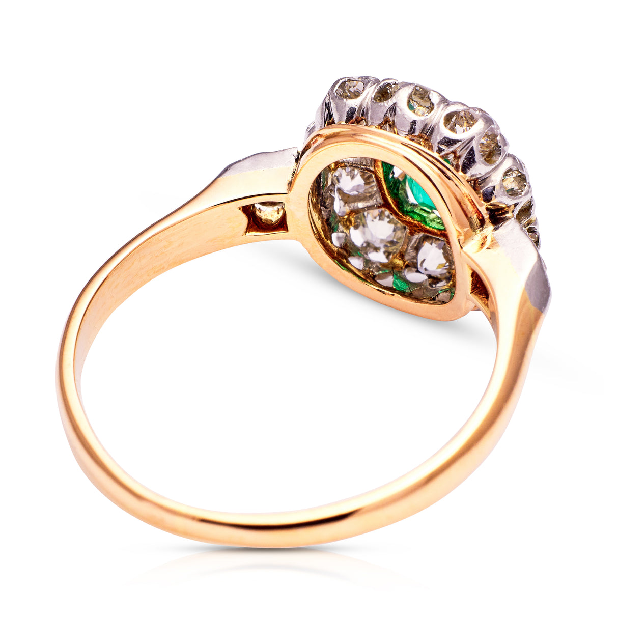 Antique emerald and diamond cluster ring, rear view.
