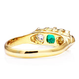 Antique, Edwardian Emerald and Diamond Three Stone Ring, 18ct Yellow Gold rear view