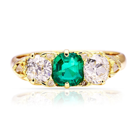 Antique, Edwardian Emerald and Diamond Three Stone Ring, 18ct Yellow Gold front view