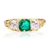 Antique, Edwardian Emerald and Diamond Three Stone Ring, 18ct Yellow Gold front view