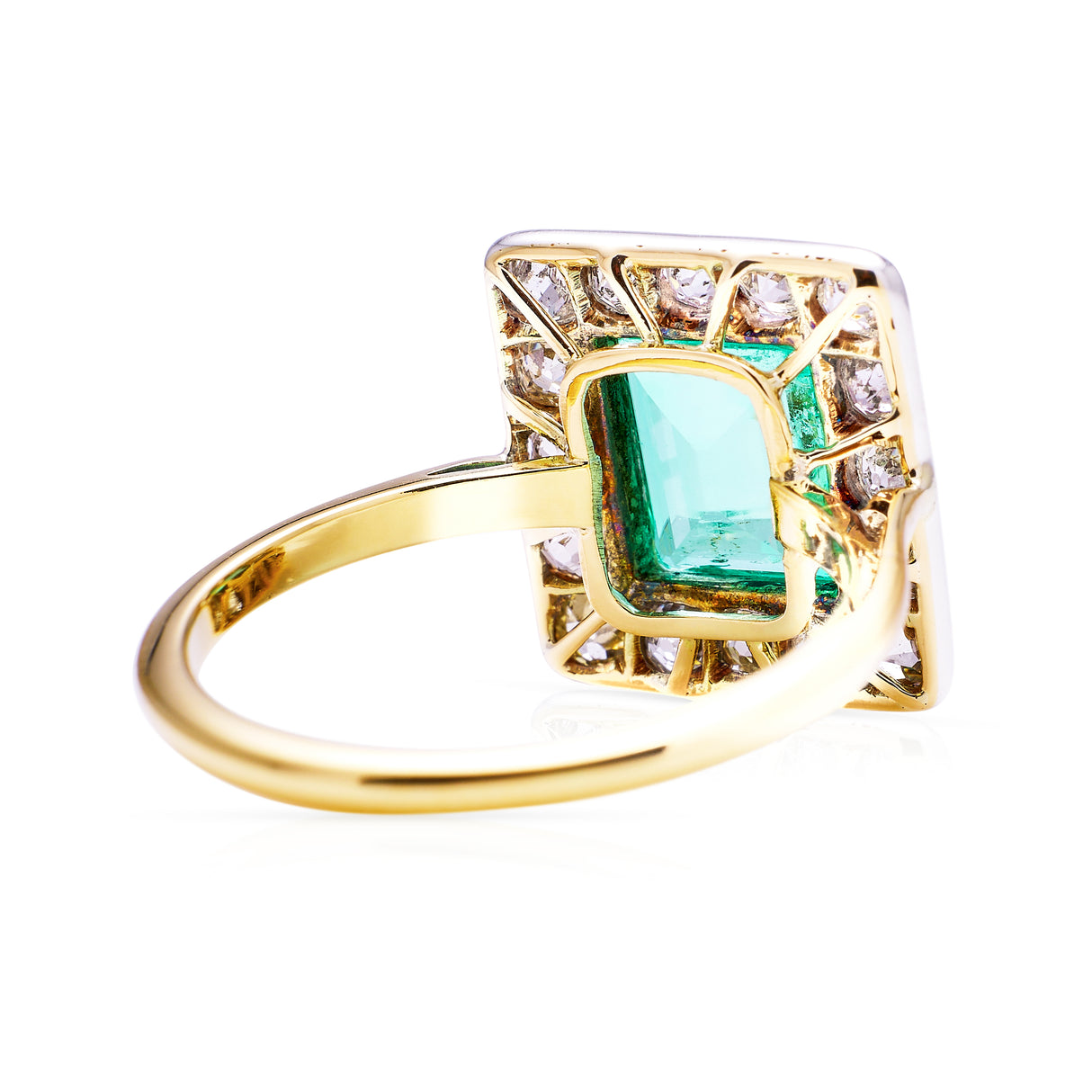 square-cut emerald and diamond cluster ring, rear view.