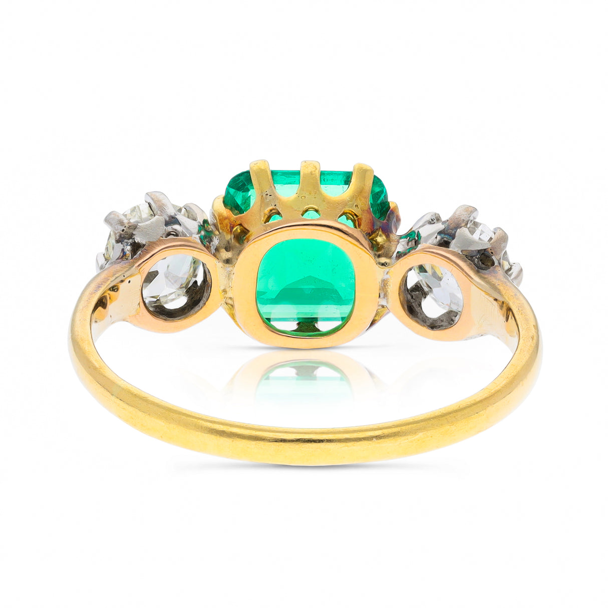 Victorian, Emerald and Diamond Three Stone Ring, 18ct Yellow Gold