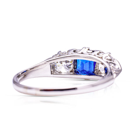 Edwardian, sapphire & diamond three-stone engagement ring, platinum