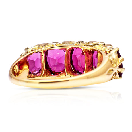 Antique, Victorian Five Stone Garnet Half Hoop Ring, 18ct yellow gold. Back.
