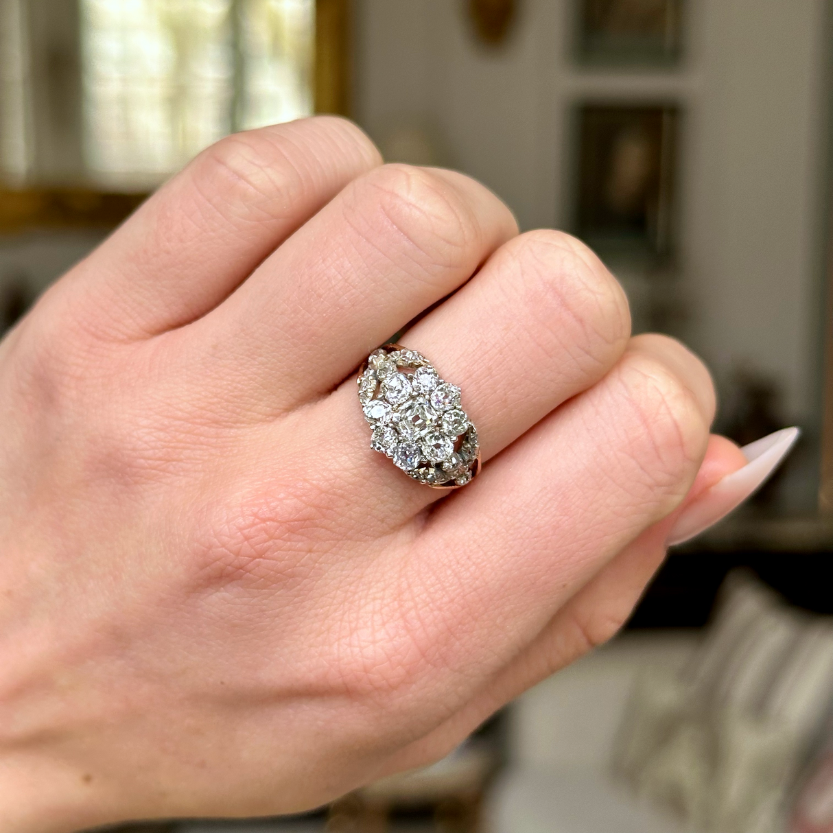 Antique, Georgian Diamond Cluster Ring, worn on closed hand.