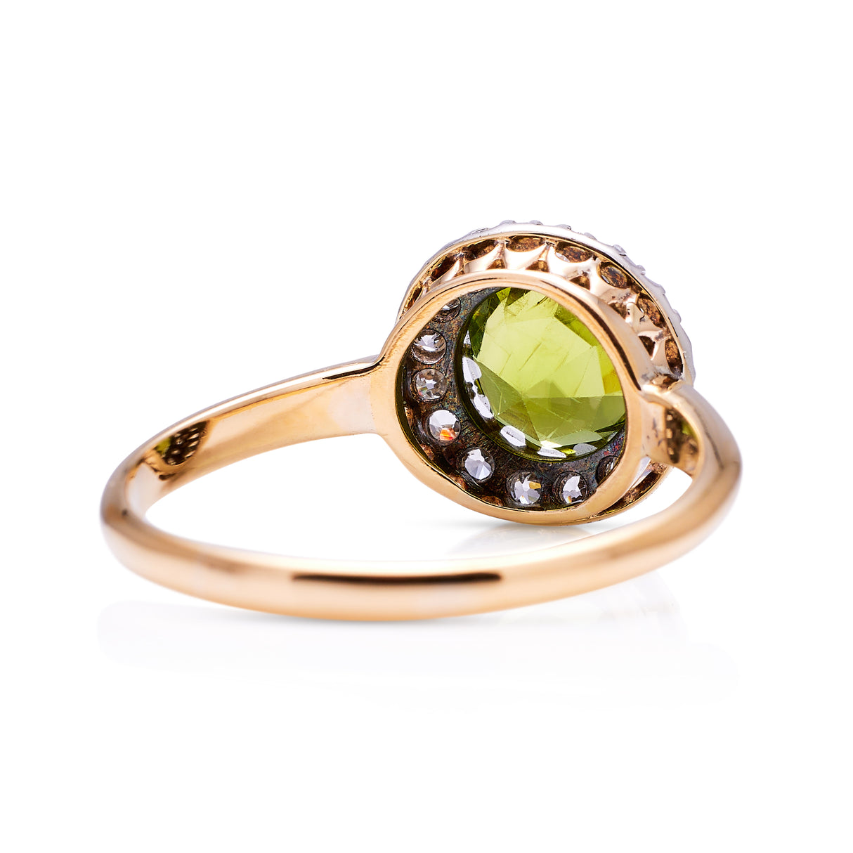 Edwardian peridot and diamond cluster ring, rear view.  