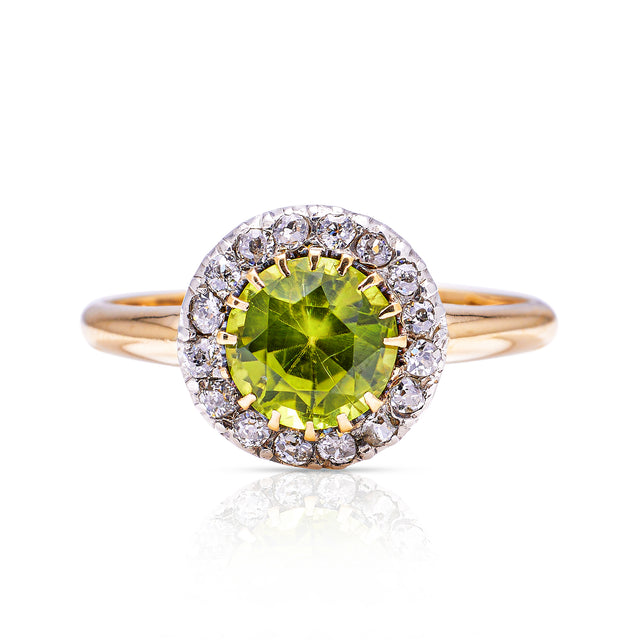 Edwardian peridot and diamond cluster ring, front view.  