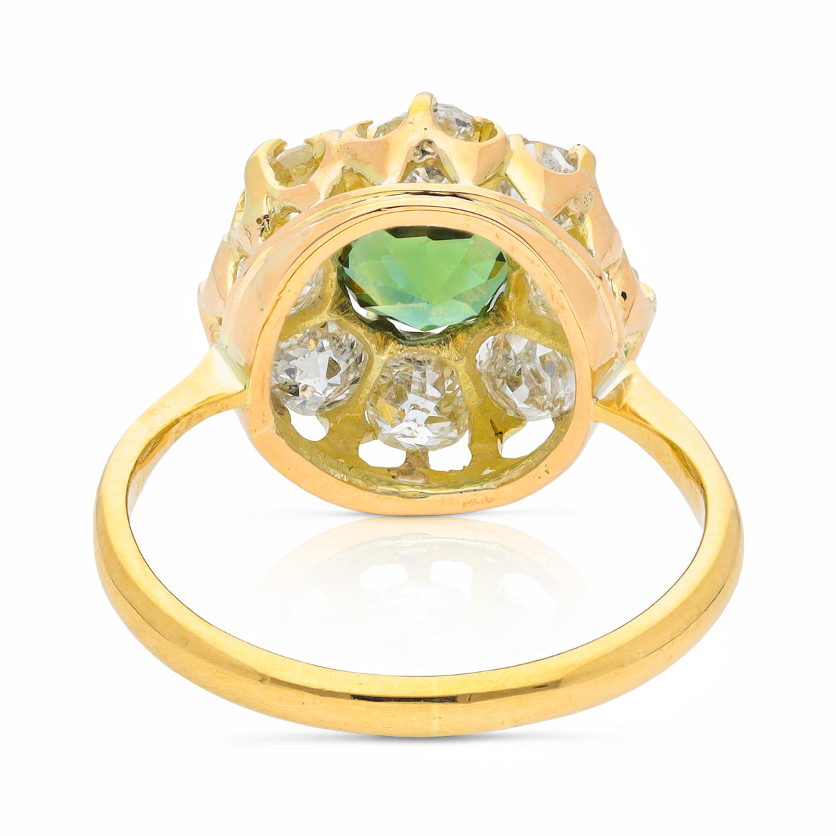 antique green sapphire and diamond cluster engagement ring, rear view.