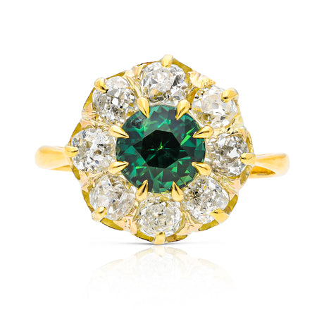 antique green sapphire and diamond cluster engagement ring, front view.