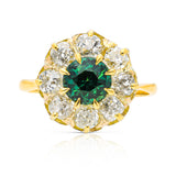 antique green sapphire and diamond cluster engagement ring, front view.
