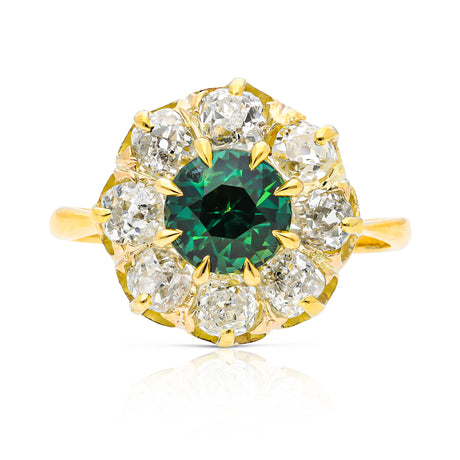 antique green sapphire and diamond cluster engagement ring, front view.