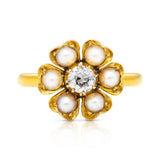 Antique old-cut diamond surrounded by pearls, 18ct yellow gold