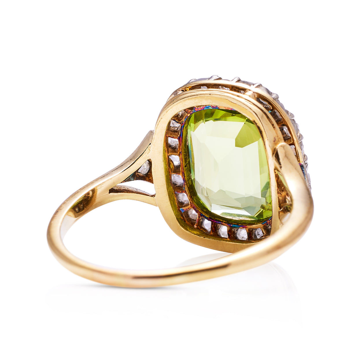 antique peridot and diamond ring, rear view.