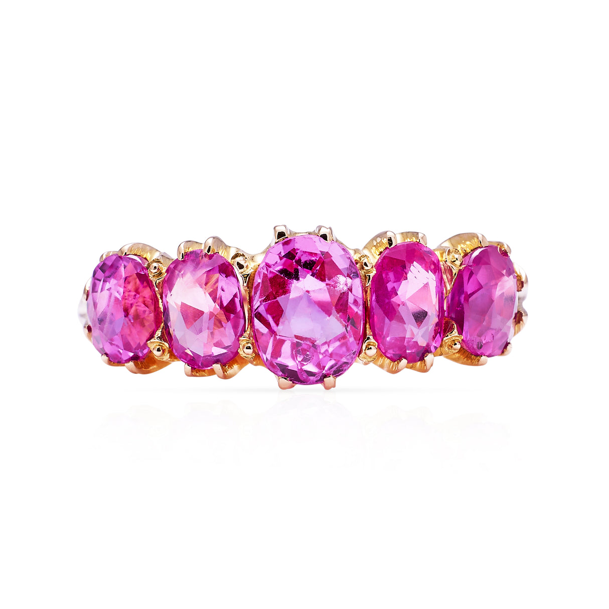 Five stone pink sapphire and yellow gold ring, front view