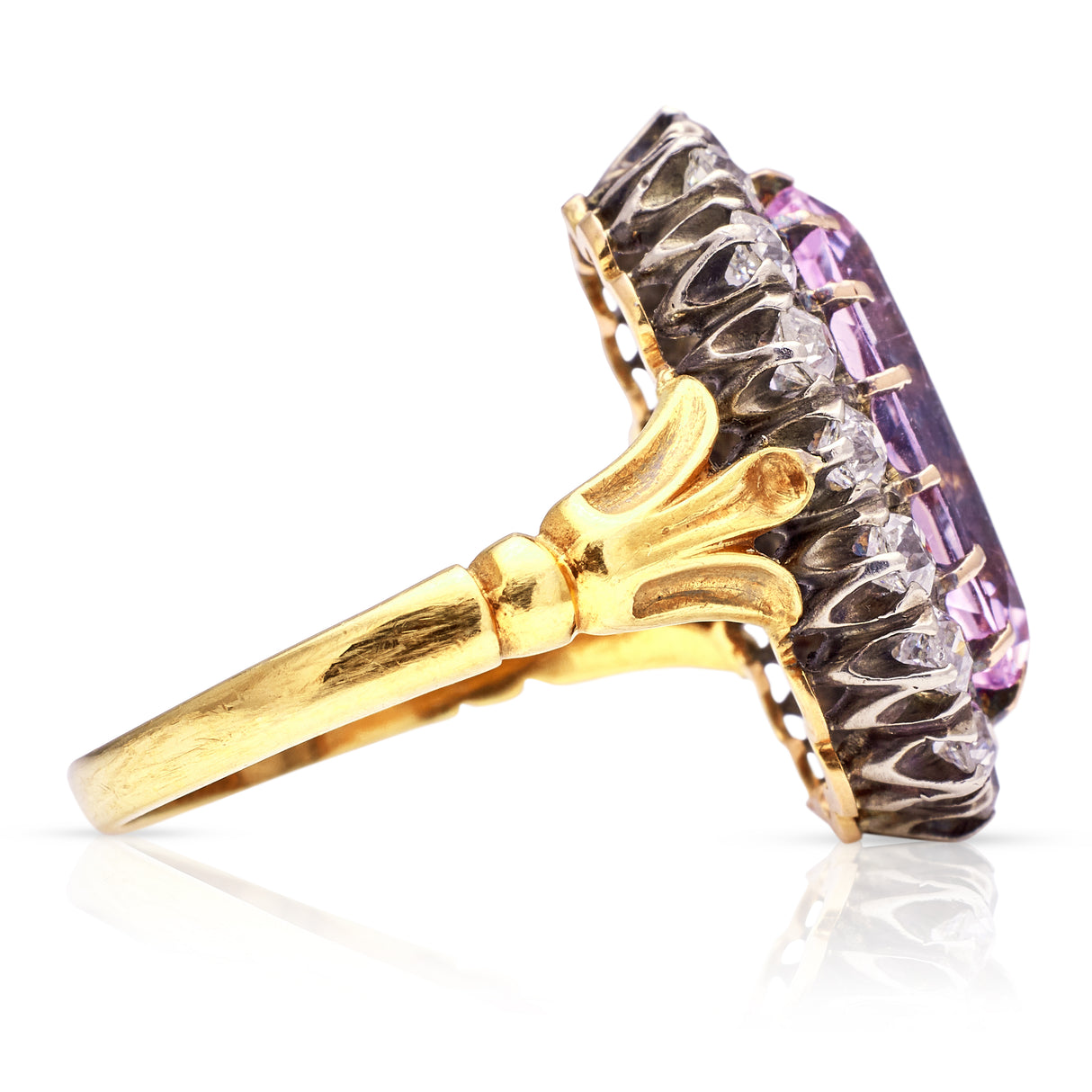 Antique, Belle Époque Pink Topaz and Diamond Cluster Ring, 18ct Yellow Gold side view