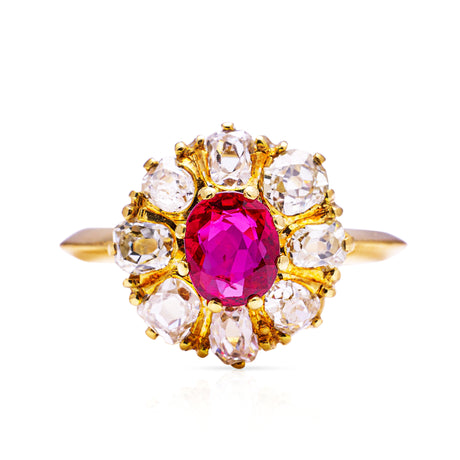antique ruby and diamond cluster, front view.
