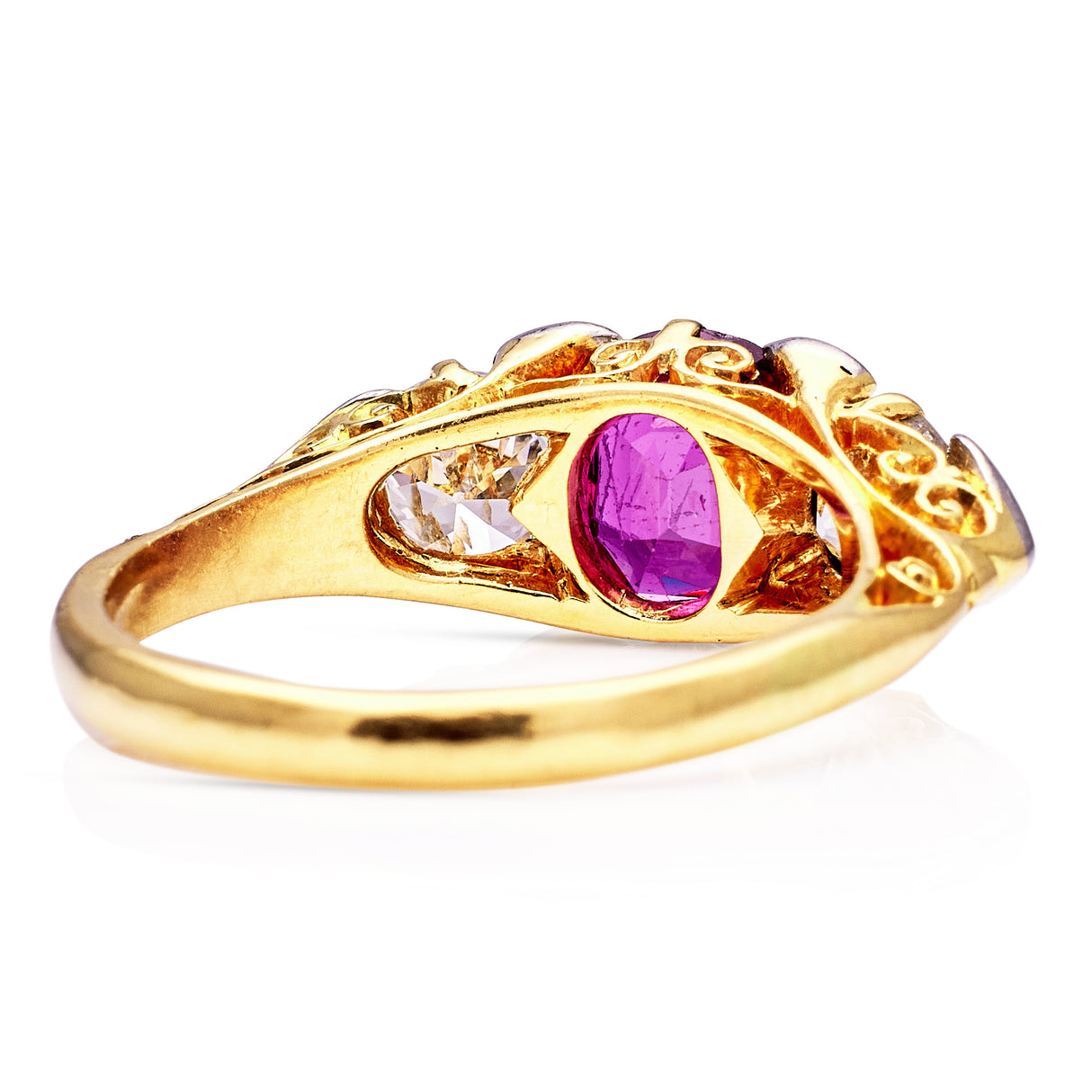 Antique, Edwardian Three Stone Natural Ruby and Diamond Engagement Ring, 18ct Yellow Gold rear view