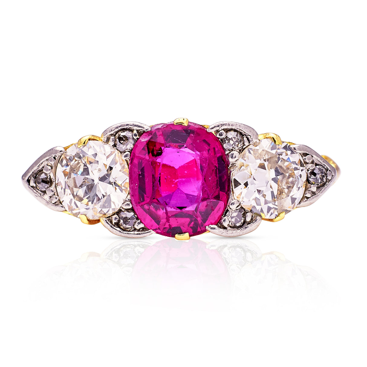Antique, Edwardian Three Stone Natural Ruby and Diamond Engagement Ring, 18ct Yellow Gold front view