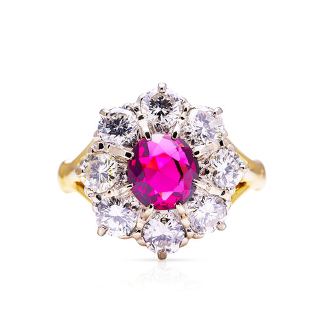 antique ruby and diamond cluster ring, front view.