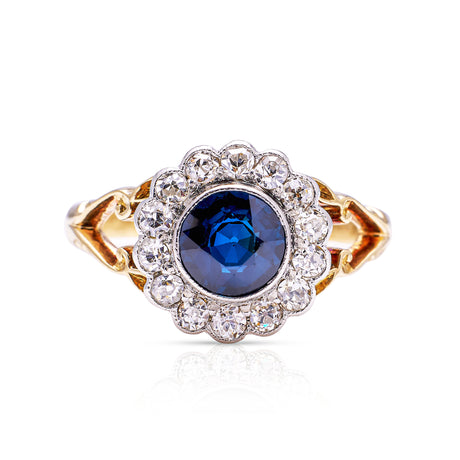 Antique sapphire diamond cluster ring, front view. 