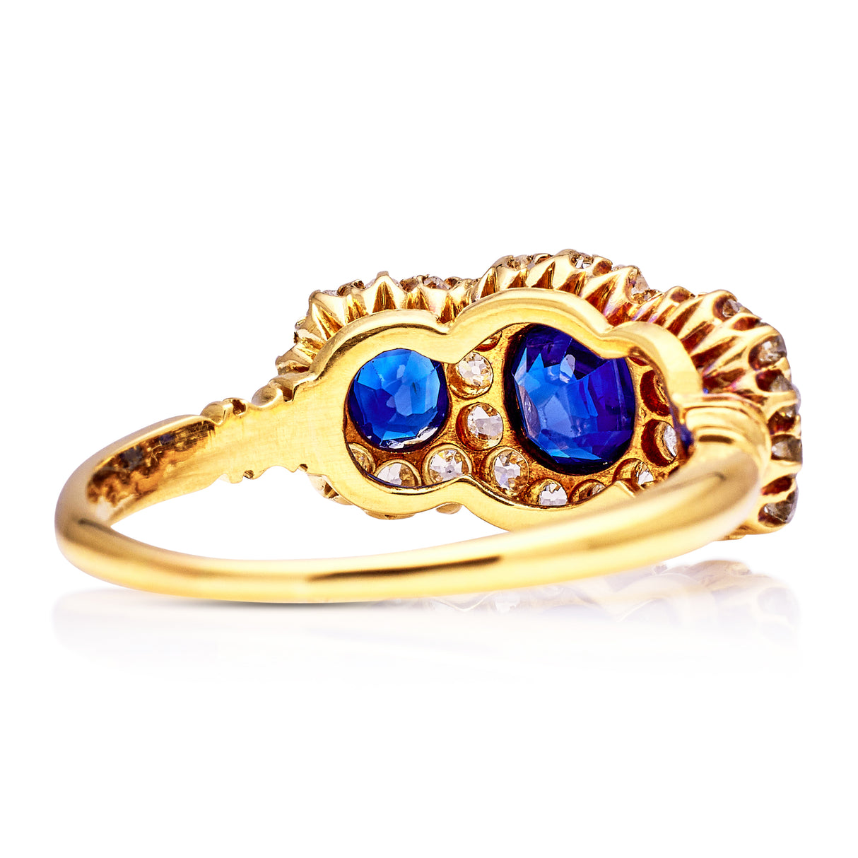 Edwardian, Sapphire and Diamond Triple Cluster Engagement Ring, 18ct Yellow Gold. Back.