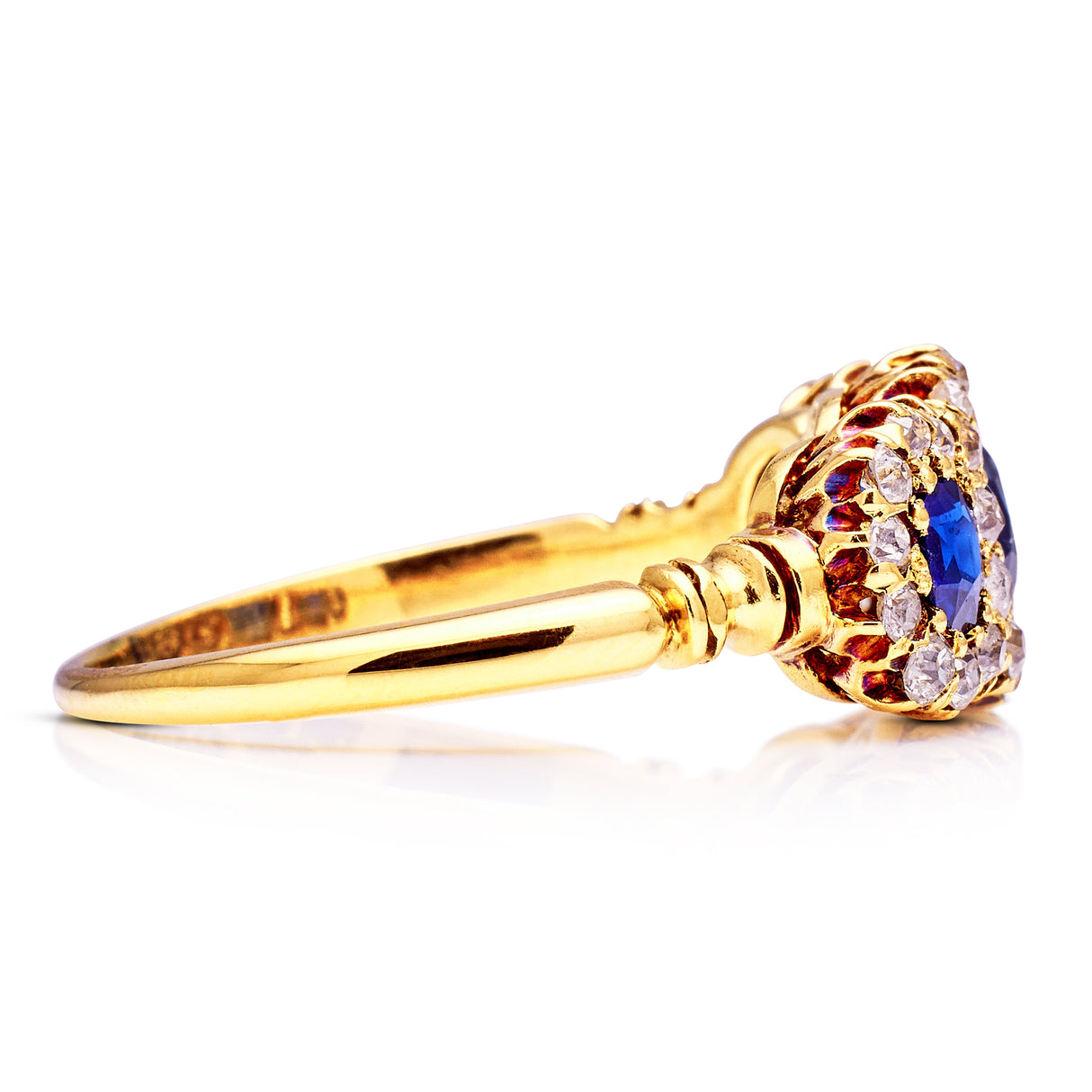 Edwardian, Sapphire and Diamond Triple Cluster Engagement Ring, 18ct Yellow Gold. Side.