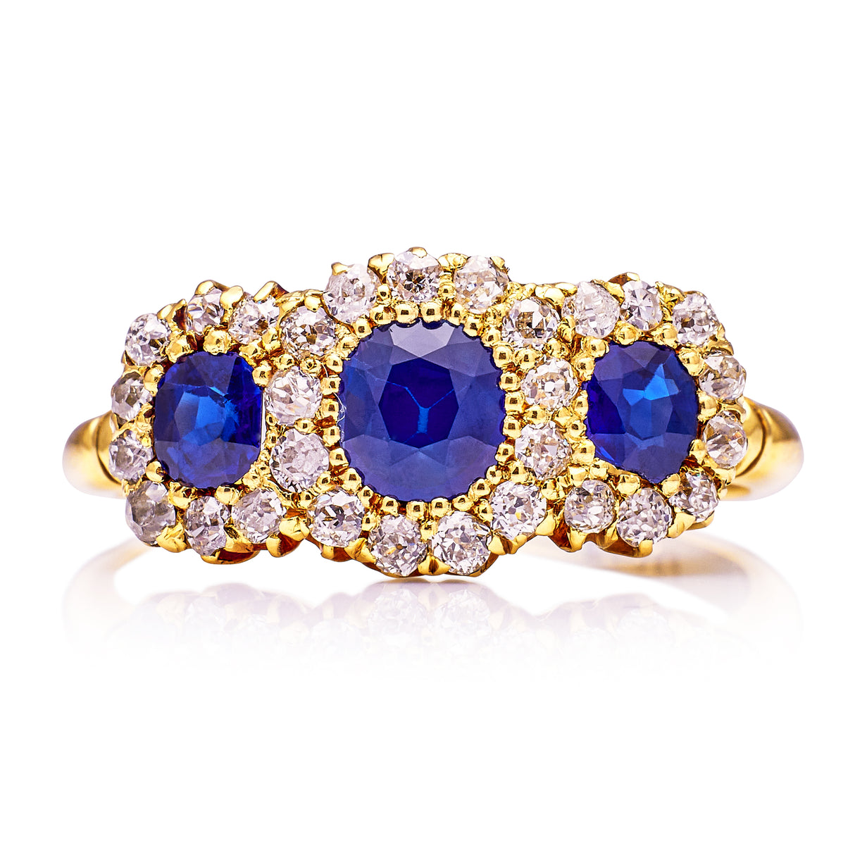 Edwardian, Sapphire and Diamond Triple Cluster Engagement Ring, 18ct Yellow Gold. Front.
