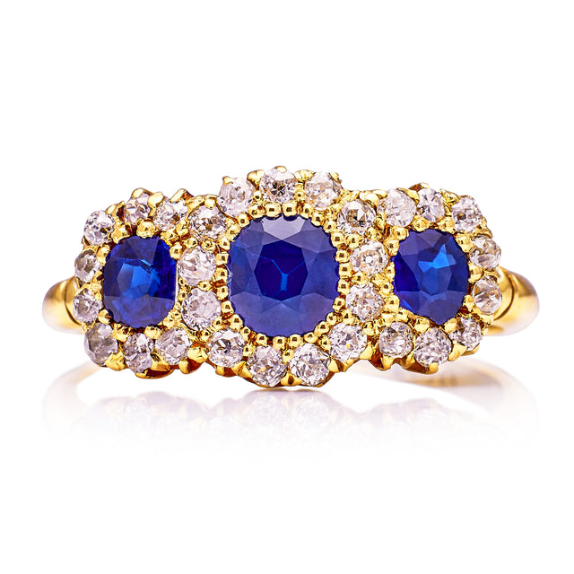 Edwardian, Sapphire and Diamond Triple Cluster Engagement Ring, 18ct Yellow Gold. Front.