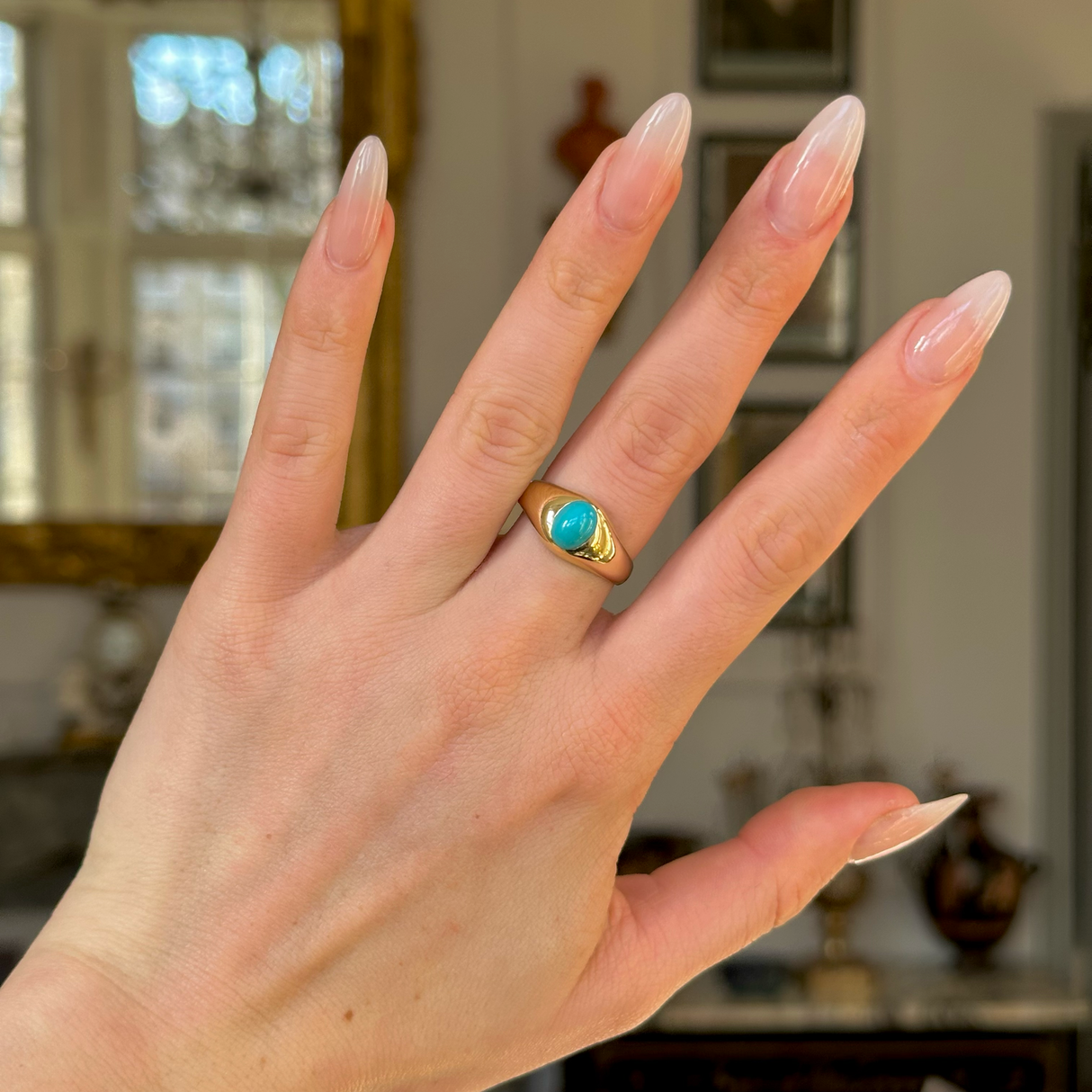 Antique, Single-Stone Turquoise Gypsy Ring, 18ct Yellow Gold worn on hand. 