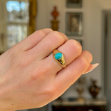 Antique, Single-Stone Turquoise Gypsy Ring, 18ct Yellow Gold, worn on closed hand. 