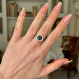 Antique, Teal Blue Sapphire and Diamond Cluster Ring, 18ct Yellow Gold worn on hand.