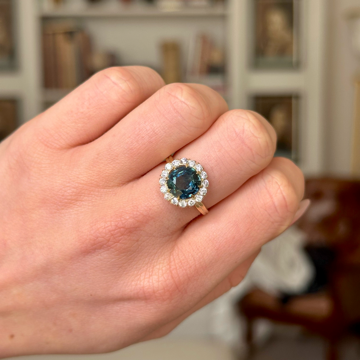 Antique, Teal Blue Sapphire and Diamond Cluster Ring, 18ct Yellow Gold worn on closed hand.