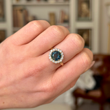 Antique, Teal Blue Sapphire and Diamond Cluster Ring, 18ct Yellow Gold worn on closed hand.