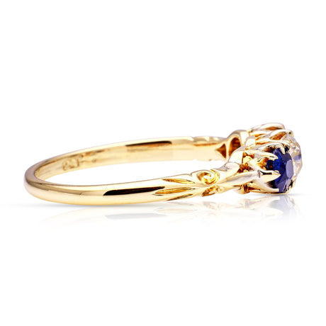 Antique, Edwardian Diamond and Sapphire Engagement Ring, 18ct Yellow Gold side view